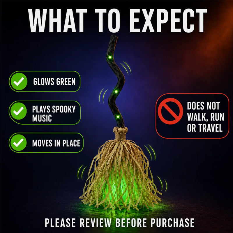 🧹 Animated Flying Witch Broom, Auto Moving Halloween Prop with Creepy Cackles, Green LED & Bendable Stem