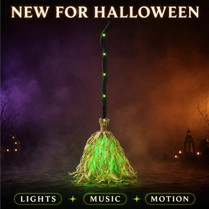 🧹 Animated Flying Witch Broom, Auto Moving Halloween Prop with Creepy Cackles, Green LED & Bendable Stem