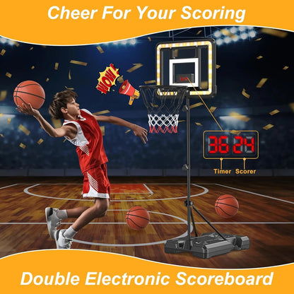 Height Adjustable Kids Basketball Hoop Stand (3ft - 5.8ft), Portable Sports Toy with Timer, Sand & Water Stabilized Base, Durable Indoor Outdoor Play Equipment, Birthday & Christmas Gift for Boys