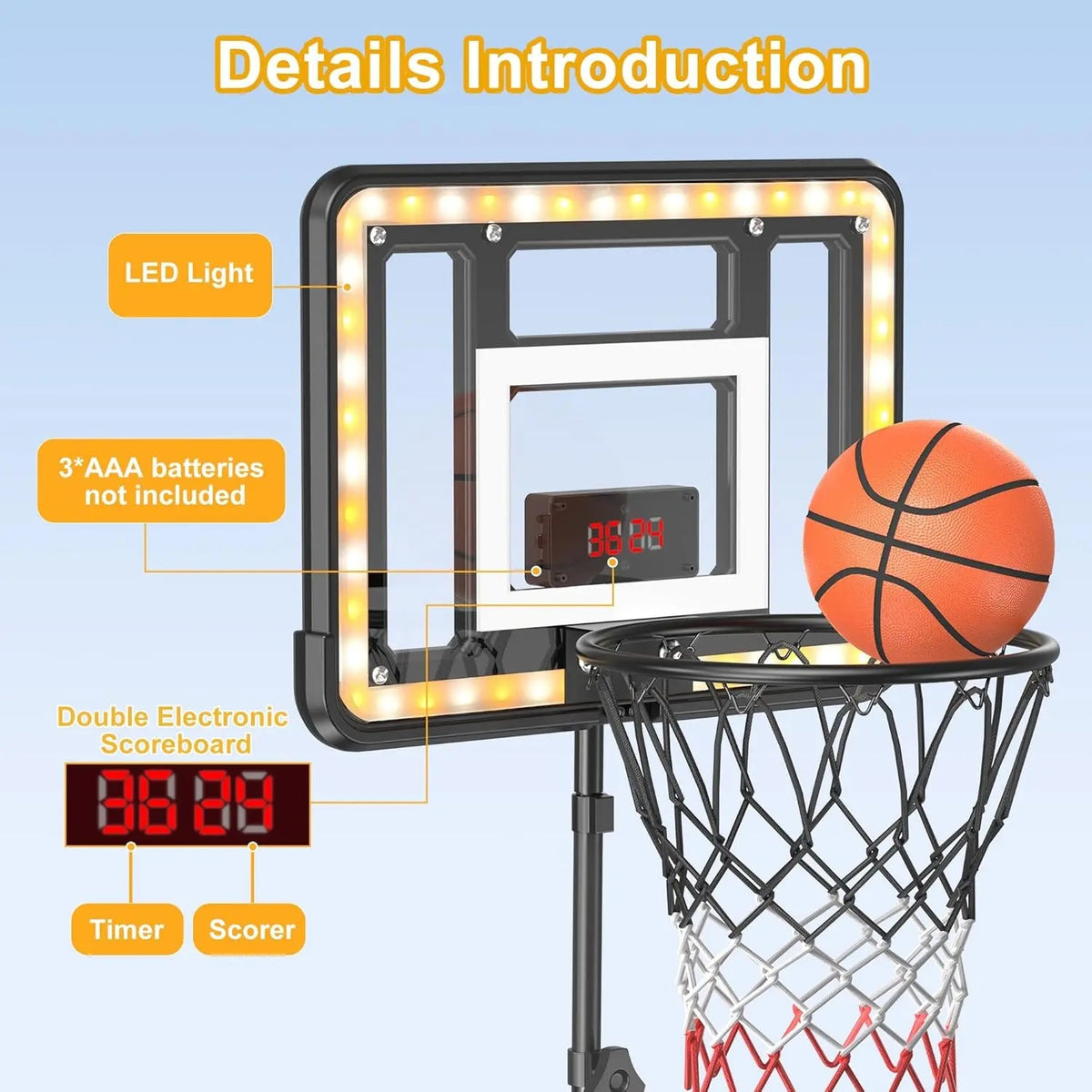 Height Adjustable Kids Basketball Hoop Stand (3ft - 5.8ft), Portable Sports Toy with Timer, Sand & Water Stabilized Base, Durable Indoor Outdoor Play Equipment, Birthday & Christmas Gift for Boys