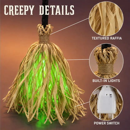🧹 Animated Flying Witch Broom, Auto Moving Halloween Prop with Creepy Cackles, Green LED & Bendable Stem