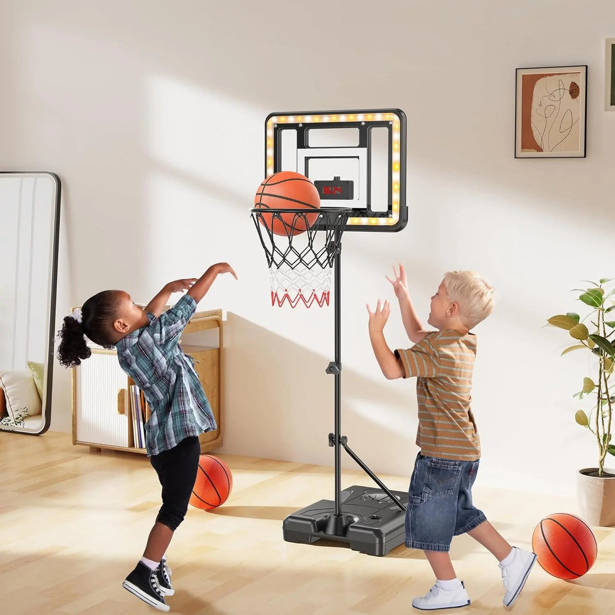 Height Adjustable Kids Basketball Hoop Stand (3ft - 5.8ft), Portable Sports Toy with Timer, Sand & Water Stabilized Base, Durable Indoor Outdoor Play Equipment, Birthday & Christmas Gift for Boys
