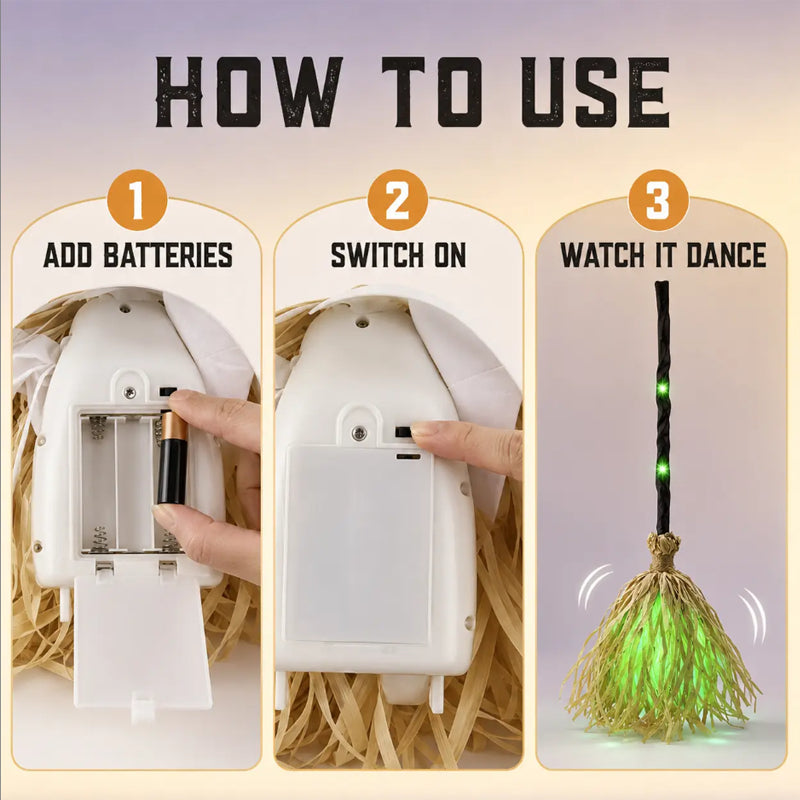🧹 Animated Flying Witch Broom, Auto Moving Halloween Prop with Creepy Cackles, Green LED & Bendable Stem