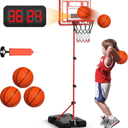 Height Adjustable Kids Basketball Hoop Stand (3ft - 5.8ft), Portable Sports Toy with Timer, Sand & Water Stabilized Base, Durable Indoor Outdoor Play Equipment, Birthday & Christmas Gift for Boys